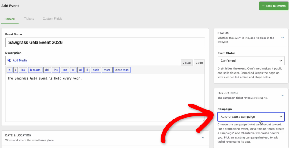 charitable-events-03-add-event | Charitable The Add Event screen in Charitable with the event name and description filled in, the Event Status set to Confirmed, and an arrow pointing to the Campaign dropdown set to Auto-create a campaign