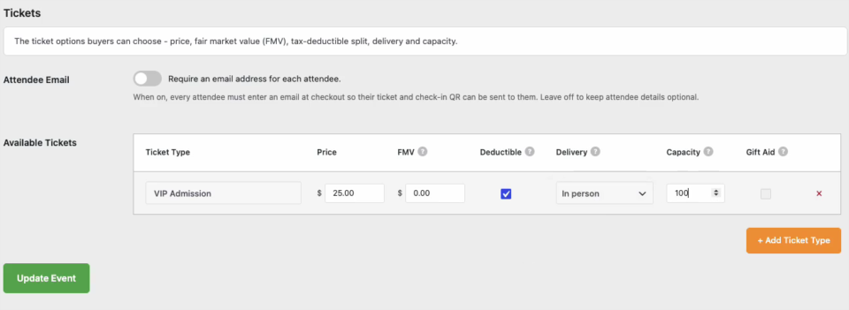 charitable-events-04-ticket-types | Charitable The Tickets tab of a Charitable event showing a VIP Admission ticket priced at with FMV, Deductible, Delivery, Capacity and Gift Aid columns