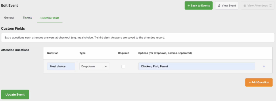 charitable-events-06-attendee-custom-fields | Charitable The Custom Fields tab of a Charitable event with a Meal choice dropdown question and its answer options