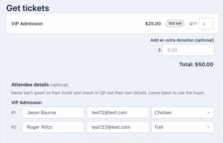 charitable-events-07-get-tickets-attendee-details | Charitable The Get Tickets form on a Charitable event page with 2 VIP Admission tickets selected and separate name, email and meal choice fields for each attendee