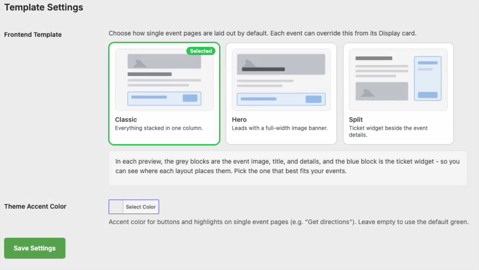 charitable-events-08-page-templates | Charitable The Template Settings screen in Charitable Events with Classic, Hero and Split layout options and a Theme Accent Color picker