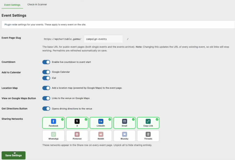 charitable-events-09-misc-settings | Charitable The Event Settings screen in Charitable Events with switches for the countdown, add to calendar, location map, Google Maps and directions buttons, and a list of sharing networks