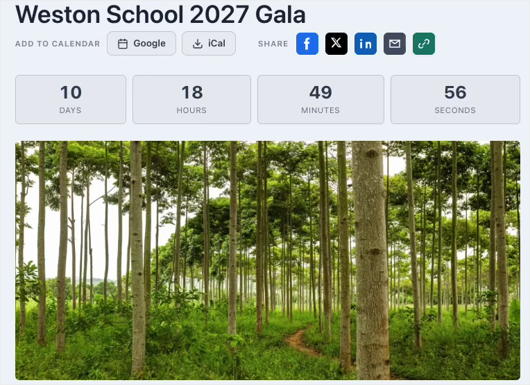 charitable-events-10-countdown-calendar-share | Charitable The top of a Charitable event page with Add to Calendar buttons for Google and iCal, share buttons, and a countdown showing days, hours, minutes and seconds until the event