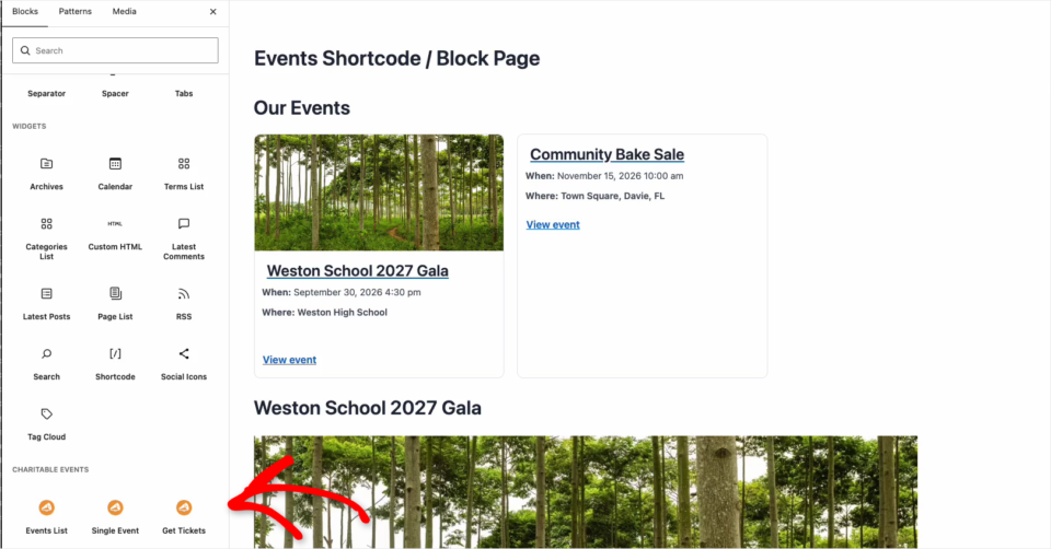 charitable-events-11-blocks | Charitable The WordPress block inserter with an arrow pointing to the Charitable Events group, which holds the Events List, Single Event and Get Tickets blocks, next to an Events List block showing 2 events