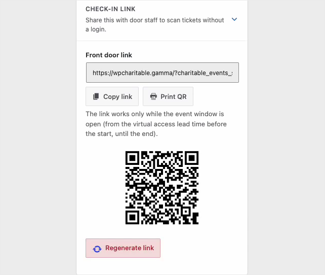charitable-events-14-check-in-link | Charitable The Check-In Link box of a Charitable event with a front door link, Copy link and Print QR buttons, a QR code and a Regenerate link button