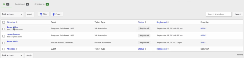 charitable-events-16-attendees-list | Charitable The Attendees tab in Charitable Events listing 3 attendees with their event, ticket type, status, registration date and donation number