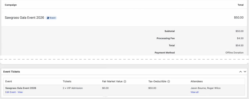 charitable-events-17-donation-event-tickets | Charitable A Charitable donation record tagged as an event, with an Event Tickets box showing 2 VIP Admission tickets, a fair market value of alt=