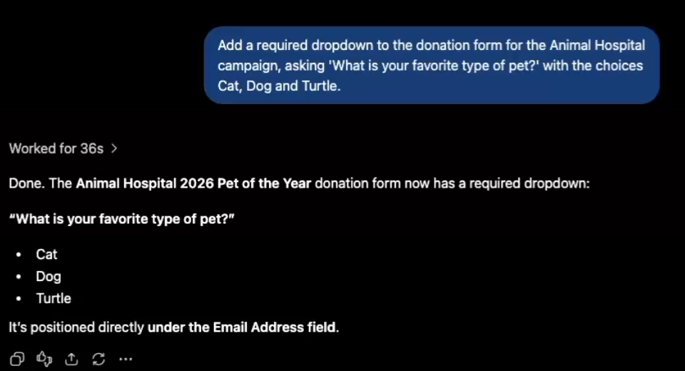 Informational UI screen showing a blue rounded instruction bubble about adding a required dropdown to the Animal Hospital donation form, with pet options Cat, Dog, Turtle, and note that it sits under the Email Address field.