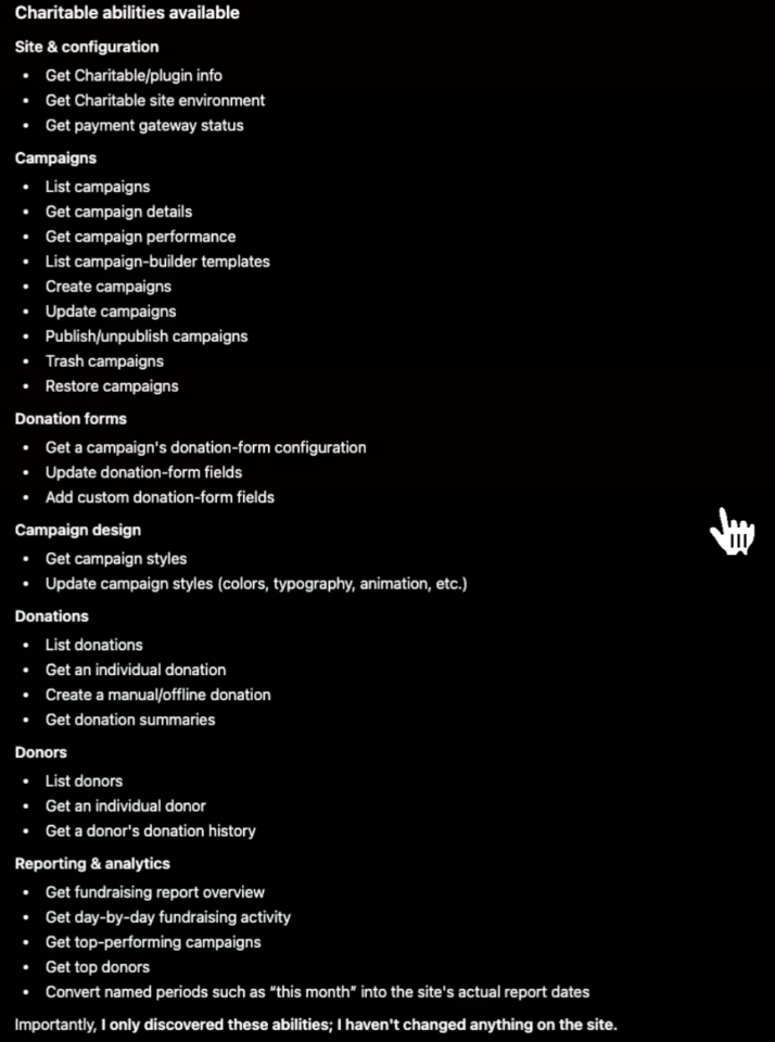 An assistant listing everything Charitable can do, grouped into site and configuration, campaigns, donation forms, campaign design, donations, donors, and reporting and analytics, ending with a note that it only discovered the abilities and changed nothing on the site