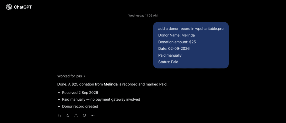 Chat window shows a blue rounded card with donation details: Donor Melinda, , date 02-09-2026, Paid status, on a dark UI.