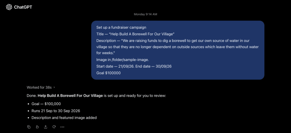 Dark screen showing a ChatGPT interface with a blue rounded card reading 'Set up a fundraiser campaign' and including description, dates, and goal on a black background.