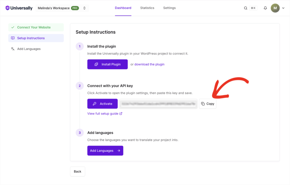 copy api key in universally | Charitable The Copy button beside the API key on the Universally Setup Instructions screen
