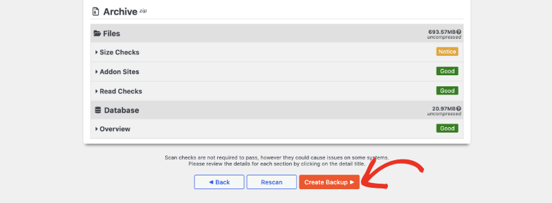 create backup in duplicator | Charitable The Create Backup button at the bottom of the Duplicator scan report