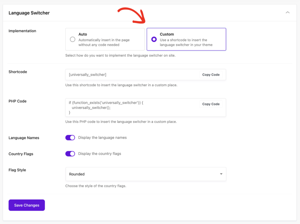 custom language switcher | Charitable The Universally Custom switcher option showing the universally_switcher shortcode and the matching PHP snippet