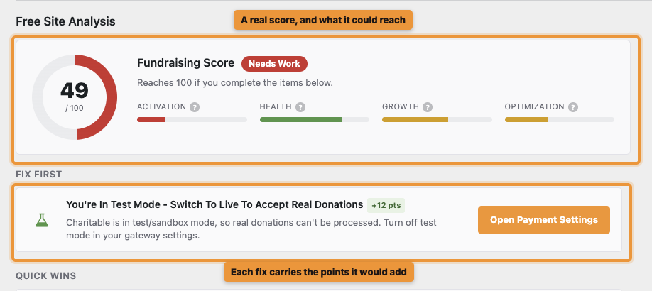 Charitable Website-Analysebericht mit einer Punktzahl von 100, einer potenziellen Punktzahl und einer Liste von Empfehlungen