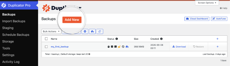 duplicator add new backup | Charitable The Add New button on the Duplicator Backups screen