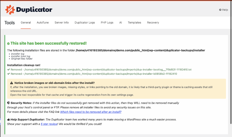 duplicator backup success message | Charitable Duplicator confirming a WordPress site has been successfully restored