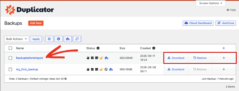duplicator list of backups | Charitable A list of completed backups in Duplicator with download and restore links