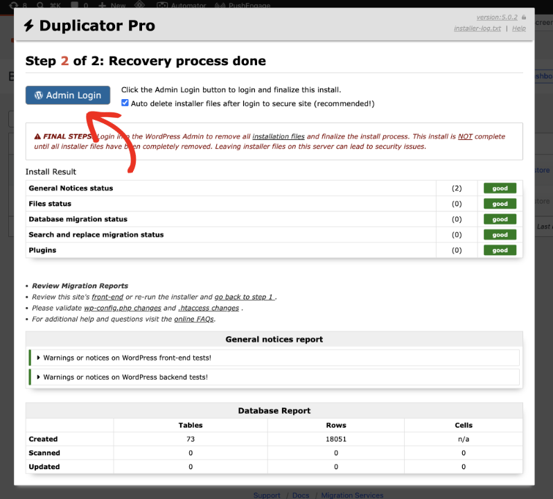 duplicator restore admin login | Charitable Duplicator recovery complete screen with the Admin Login button