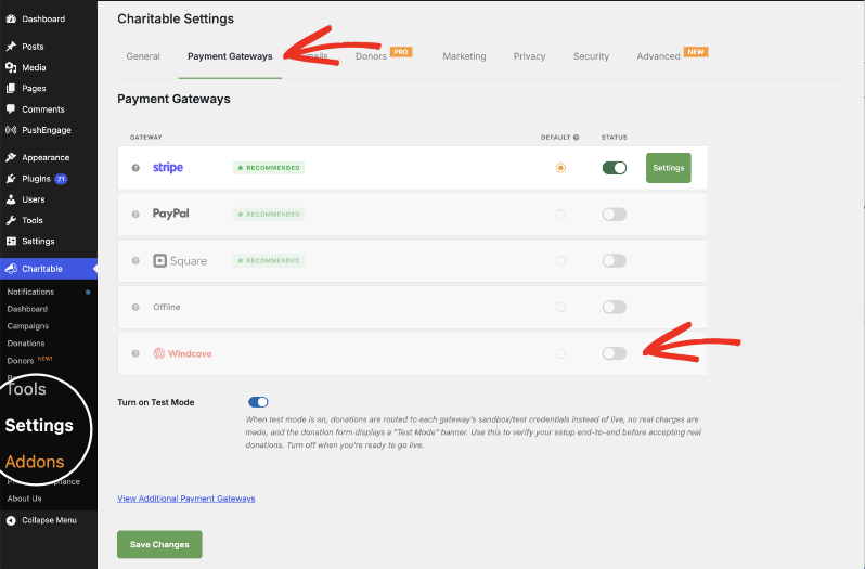 Charitable's Payment Gateways settings tab with the status toggle for Windcave