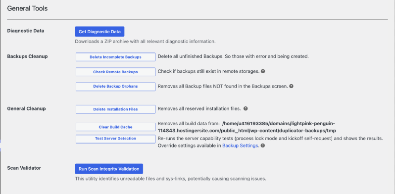 general tools available in duplciator restore | Charitable Duplicator general tools for diagnostics and backup cleanup