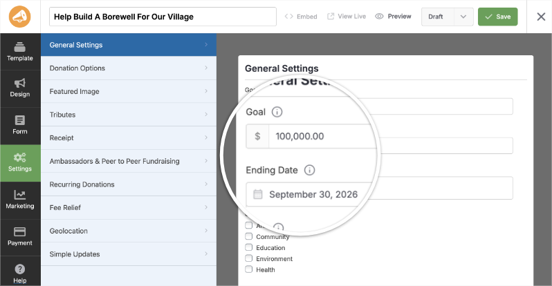 The General Settings panel of the Charitable campaign builder, magnified to show a Goal field set to 100,000.00 dollars and an Ending Date field set to September 30, 2026