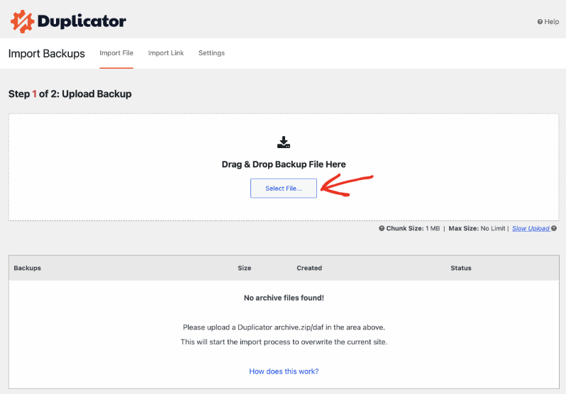 import backup file | Charitable Importing a Duplicator backup file by drag and drop