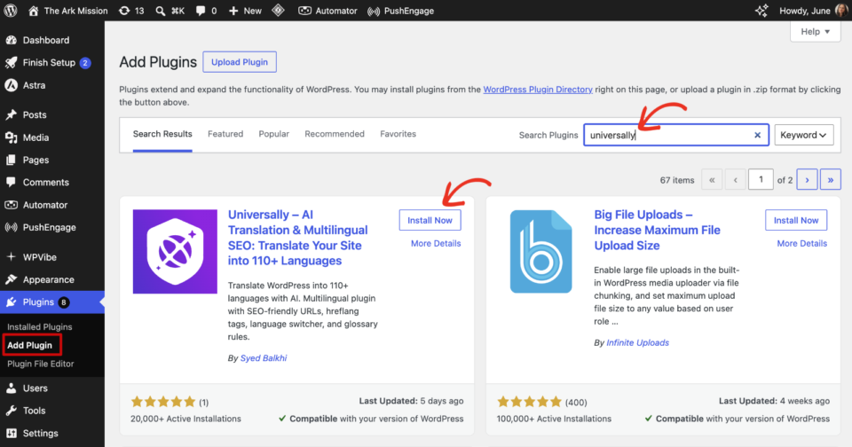 install universally in wordpress | Charitable Searching for the Universally AI Translation plugin on the WordPress Add Plugins screen with Install Now highlighted