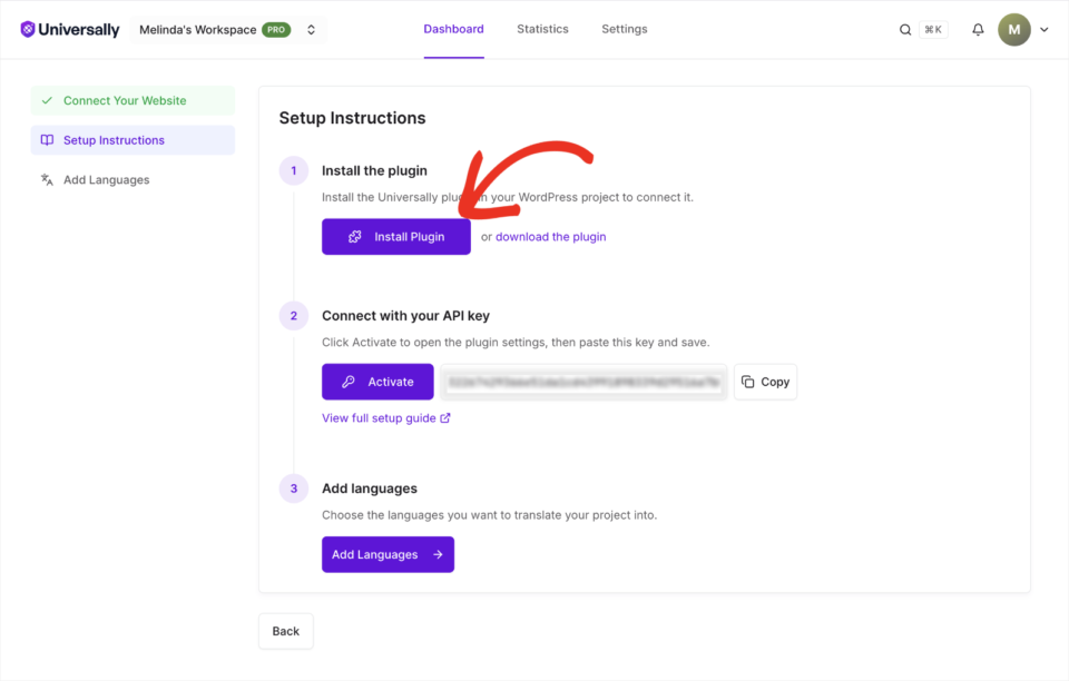 install universally plugin | Charitable The Universally Setup Instructions screen with the Install Plugin button, the API key field and the Add Languages button