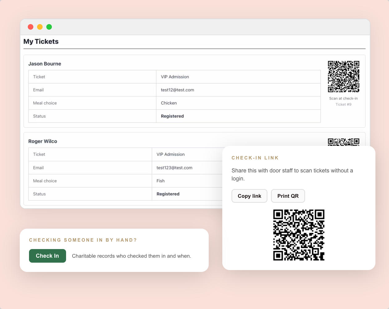 Ticket management page showing two guest entries and a separate QR-based check-in panel on the right side of the screen.