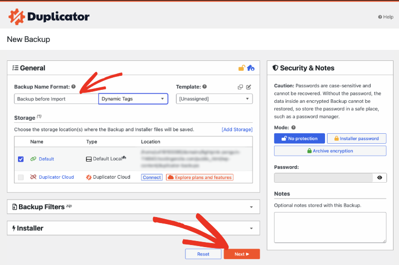 new backup details | Charitable Naming a new Duplicator backup and choosing its storage location