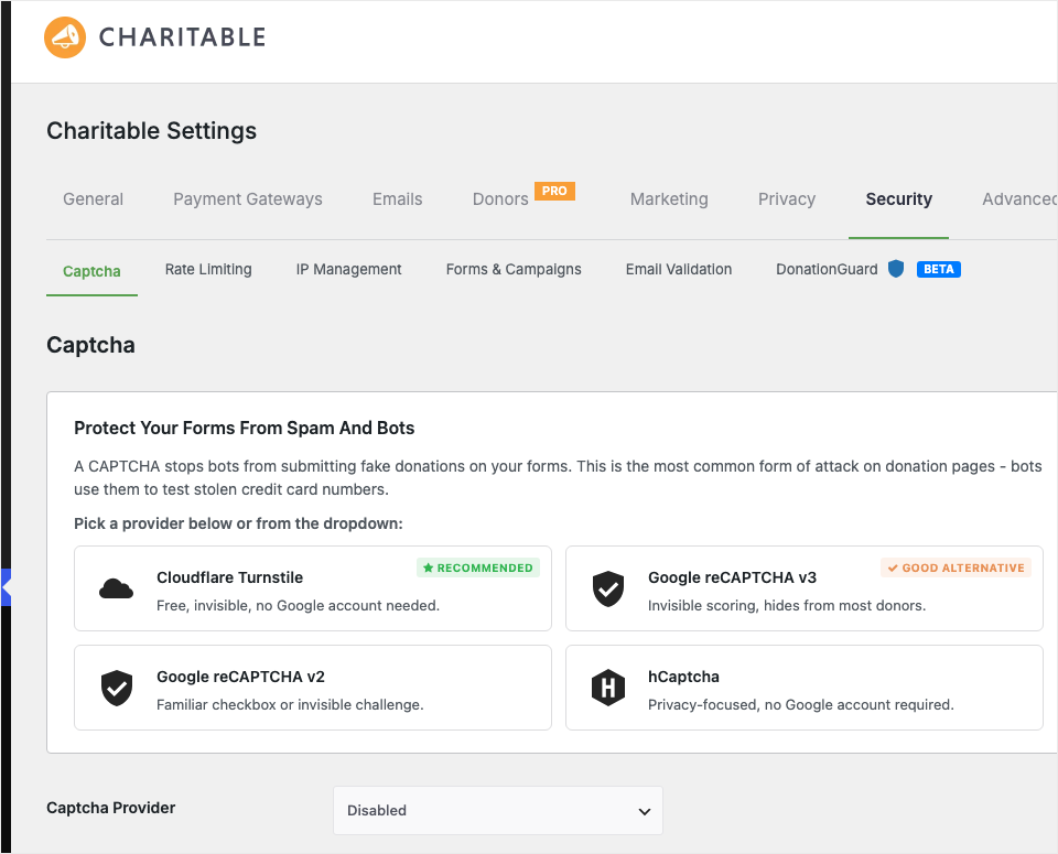 nonprofit-website-security-charitable-captcha-settings | Charitable Charitable Settings Security tab showing Captcha provider options