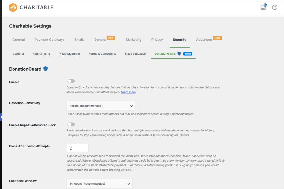 nonprofit-website-security-charitable-donationguard | Charitable Charitable DonationGuard settings with detection sensitivity and repeat attempt blocking