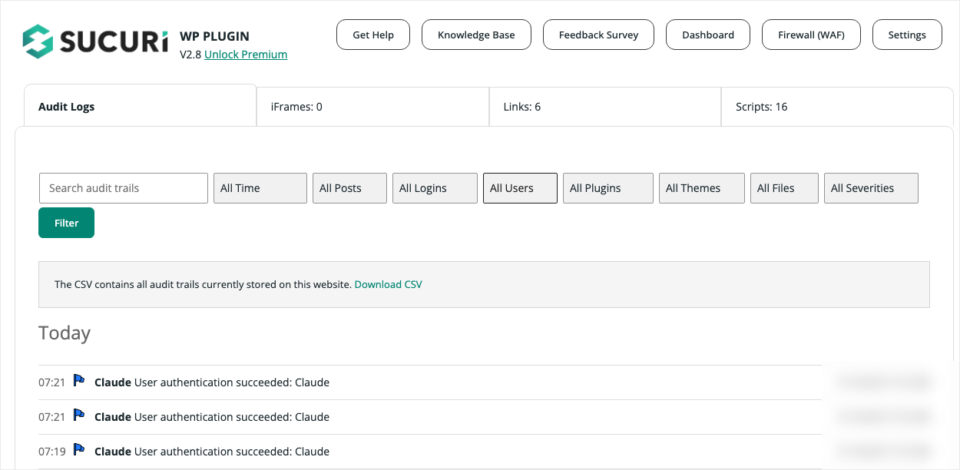 nonprofit-website-security-sucuri-audit-logs | Charitable Sucuri Security audit logs showing recent user logins