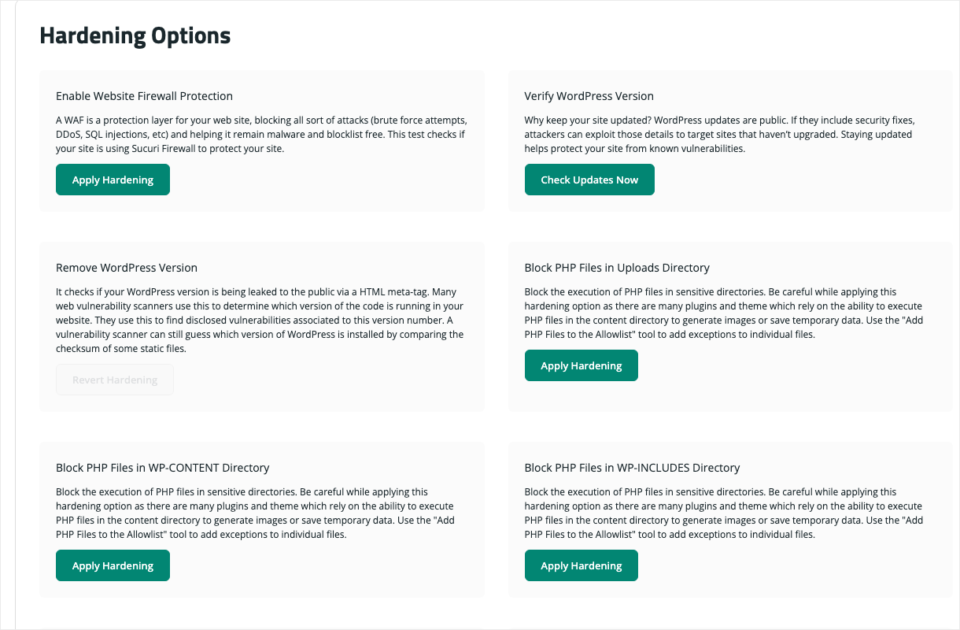 nonprofit-website-security-sucuri-hardening-options | Charitable Sucuri Security Hardening Options screen with Apply Hardening buttons