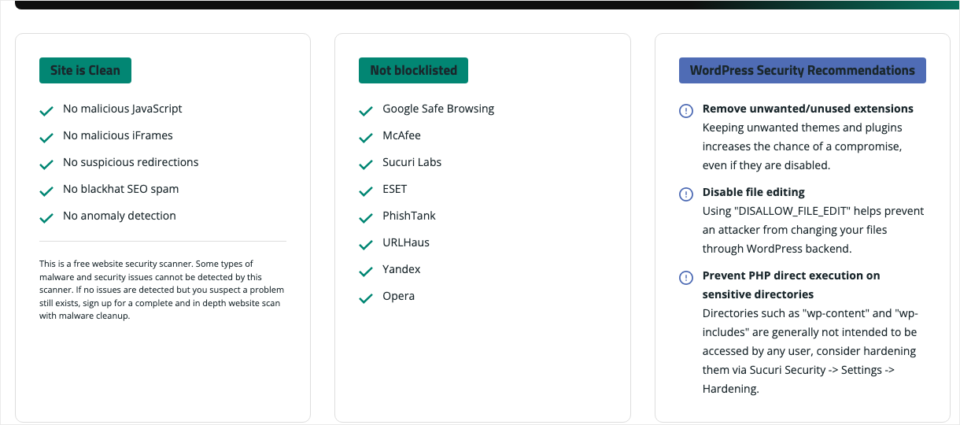 nonprofit-website-security-sucuri-malware-scan-results | Charitable Sucuri Security malware scan results showing the site is clean and not blocklisted