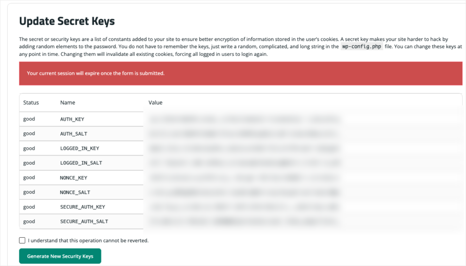 nonprofit-website-security-sucuri-post-hack-secret-keys | Charitable Sucuri Security Post-Hack Actions page with the Update Secret Keys tool