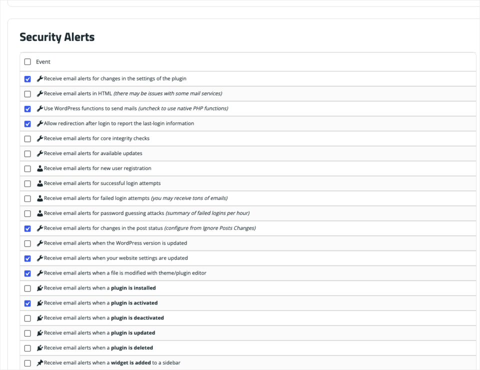 nonprofit-website-security-sucuri-security-alerts | Charitable Sucuri Security Alerts settings with email alert checkboxes