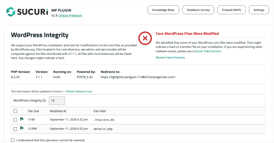 nonprofit-website-security-sucuri-wordpress-integrity | Charitable Sucuri Security WordPress Integrity check listing modified core files