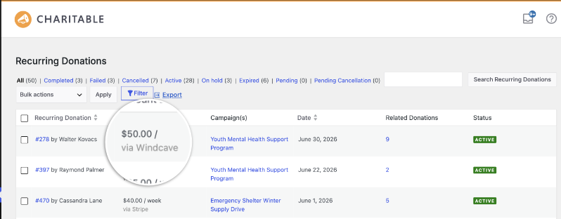 Charitable's Recurring Donations admin list showing an active $50.00 subscription billed via Windcave alongside a Stripe subscription