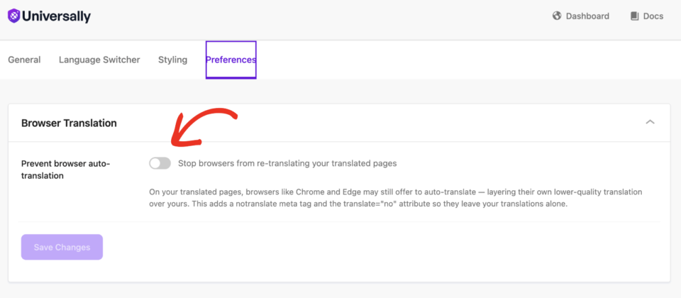 prevent auto browser translation | Charitable The Prevent browser auto-translation setting on the Universally Preferences tab in WordPress