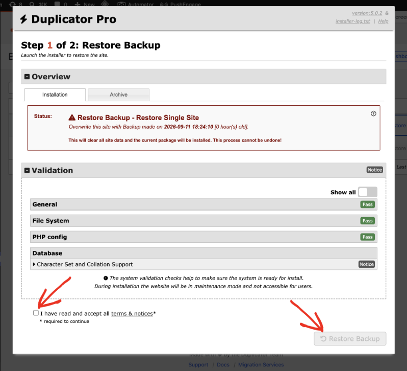 restore backup in duplicator step 1 | Charitable Step 1 of the Duplicator restore process with validation checks and the terms checkbox