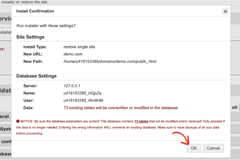 run restore installer | Charitable Duplicator install confirmation dialog showing site and database settings