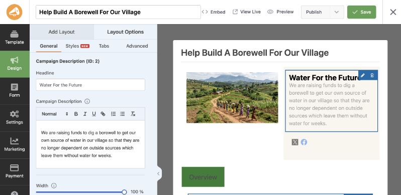 The Charitable campaign builder showing the Help Build A Borewell For Our Village campaign with a Water For the Future headline, description text, and a photograph of villagers walking to collect water