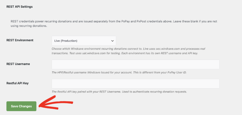 The REST API Settings section of Charitable's Windcave gateway settings, with REST Environment, REST Username and Restful API Key fields above the Save Changes button