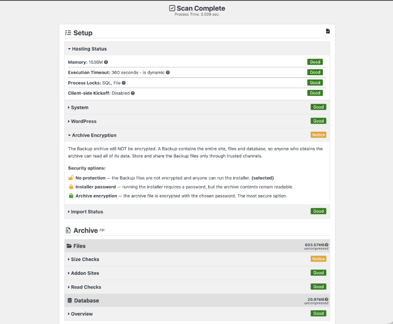 scan complete in duplciator backup | Charitable Duplicator scan complete report showing hosting status and archive checks