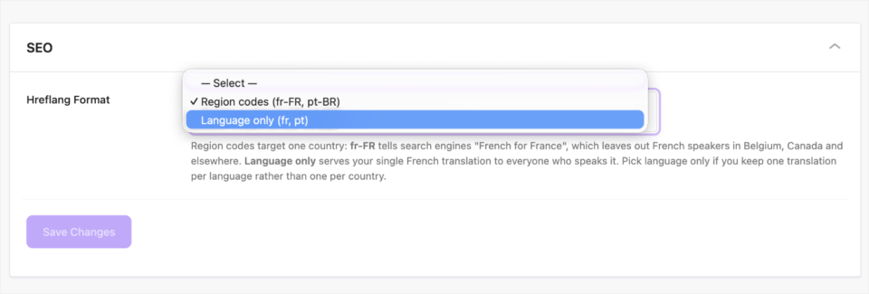 seo settings in universally | Charitable The Universally SEO panel with the Hreflang Format dropdown open on region codes and language only
