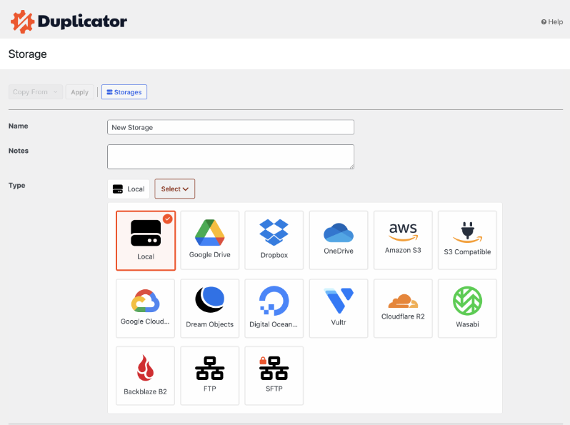 storage options in duplicator | Charitable Duplicator storage options including Google Drive, Dropbox, OneDrive and Amazon S3