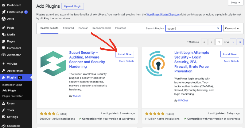 sucuri install | Charitable Sucuri Security in the WordPress Add Plugins search results with the Install Now button