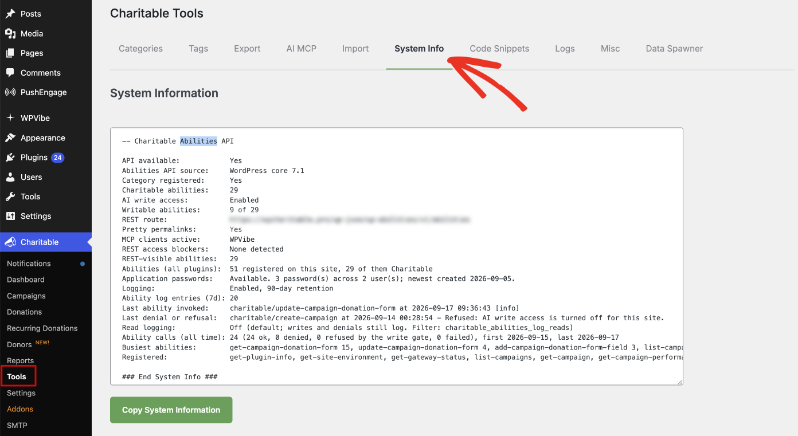 The Abilities API section of the Charitable Tools System Info screen, listing whether the API is available, how many Charitable abilities are registered, whether AI write access is enabled, which MCP clients are active, and the last ability invoked and last refusal